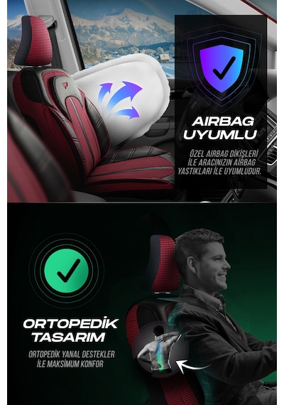 Bordo - Siyah Panda Kars Serısı Kazayağı Kumaş Oto Koltuk Kılıfı - Tam Set