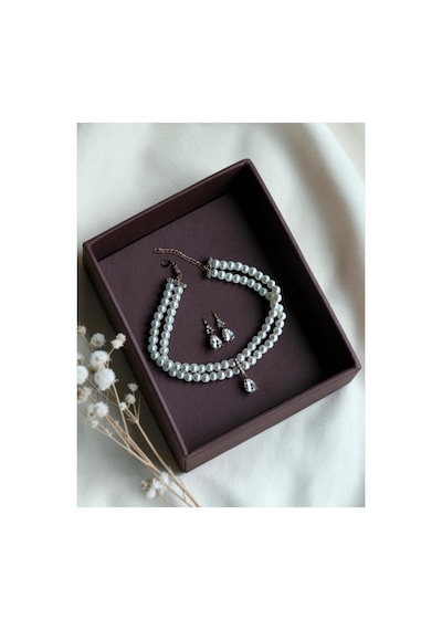 Zirkon Taşlı Su Damlası Sallantılı Tasma Choker İnci Kolye Ve Küpe Seti Düğün Nikah Kına Beyaz