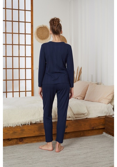 Siyah İnci Love Nakışlı Fitilli Örme Pijama Takım25226001 Lacivert