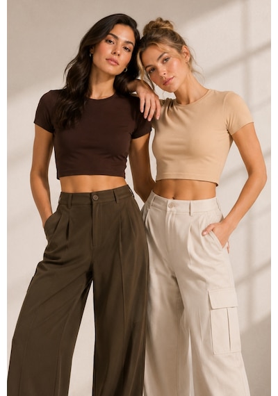 Loule Kadın 2'li Bisiklet Yaka Kısa Kollu Crop Top Kahverengi-bej Çok Renkli