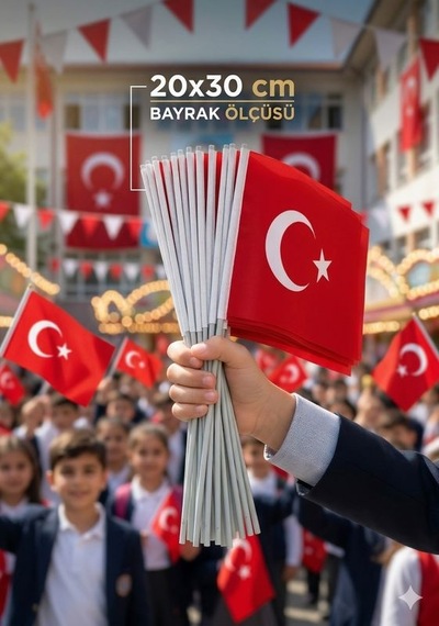 Premium 23 Nisan Türk Bayrağı - Tekli Alpaka Plastik Saplı, 20x30cm Tek Ebat