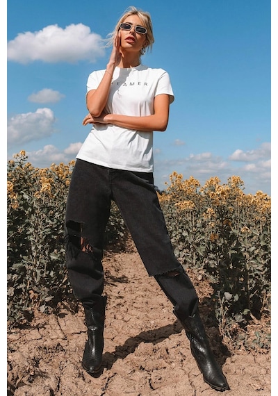 Unisex Dreamer Baskılı Oversize Tshirt Beyaz
