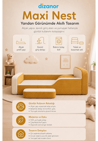 Dizanor Maxi Nest Montessori Çocuk Karyola Yatak Seti Sarı Fitilli 140 X 200 Dizanor Maxi Nest Montessori Çocuk Karyola Yatak Seti Sarı Fitilli 140 X 200