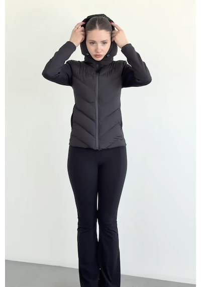 Prifaldi Siyah Kapüşonlu Softsell Kollu Şişme Mont Kışlık Slim Fit Rüzgar Geçirmez Fermuarlı Siyah