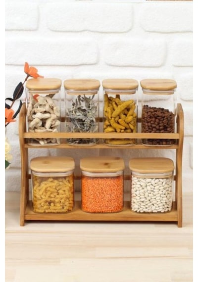 Arow Barok Bambu Standlı 7 Parça Cam Baharat Takımı DC1.TR-2418 Ahşap - Şeffaf