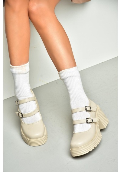Fox Shoes R996055009 Bej Kalın Topuklu Kadın Ayakkabı Bej