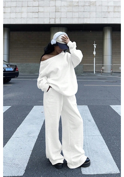 Cool Tarz Kadın Düşük Omuz Yumuşak Basic Sweat Eşofman Takımı Beyaz Beyaz