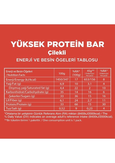 Çilekli Yüksek Protein Bar 45 G X 12 Adet
