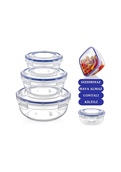 Contalı Sızdırmaz Hava Almaz Yuvarlak Saklama Kabı 3 Lü Set 400ml,800ml,1350ml Plastik Turuncu Diğer