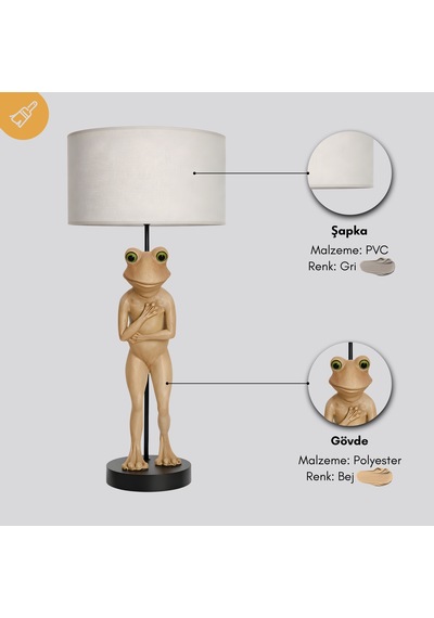 Frog Bej Gövde Gri Başlık Dekoratif Abajur