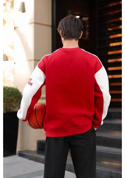 Erkek Bisiklet Yaka Kolu Şeritli Nakışlı Sweatshirt - Kırmızı