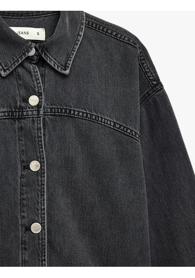 Koton Klasik Yaka Uzun Kollu Düğmeli Oversize Keten Karışımlı Jean Gömlek Siyah 7wal60003md