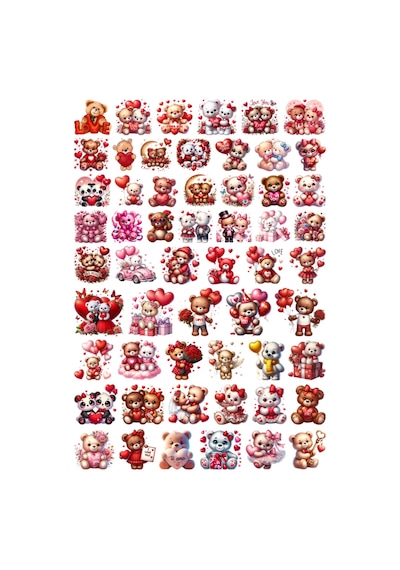 56 Adet Sevgililer Günü Ayıcık Aşk Sticker Seti - Etiket Seti Scrapbook Bullet Journal Çok Renkli