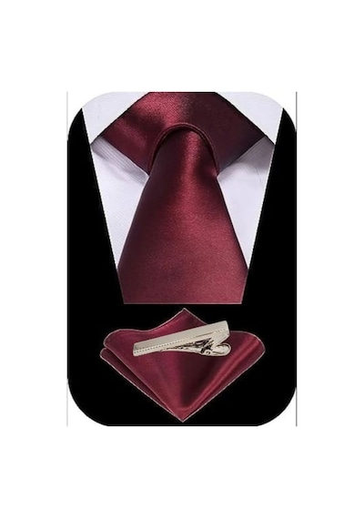 Tezzgelsin Erkek Saten Kravat Mendil Ve Silver Çelik Kravat İğne Set Bordo