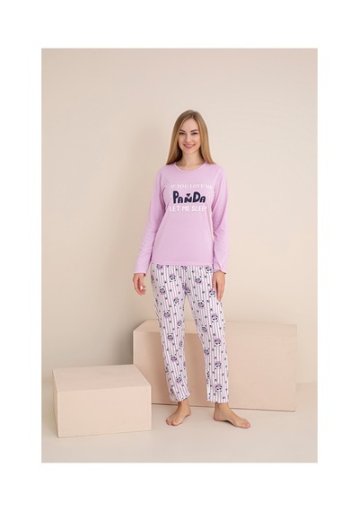 Rindahomewear Kadın Panda Baskılı Süprem Uzun Kol Pijama Takımı Mor