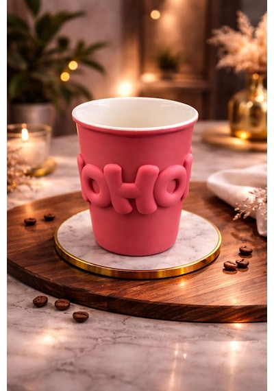Acar Porselen Kupa Bardak Silikon Kapaklı Kahve Çay Ofis Bardağı 400ml Açık Pembe