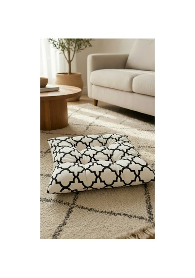 Geometrik Desenli Yer Minderi - 60x60 Cm Puf Oturma Minderi Pofuduk Balkon & Salon Minderi Siyah - Beyaz