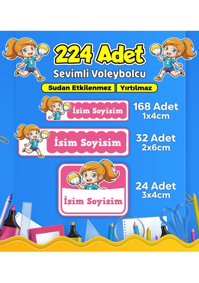 Voleybol Temalı Okul Kreş Kişiye Özel İsim Etiket Seti - Model 549 Çok Renkli
