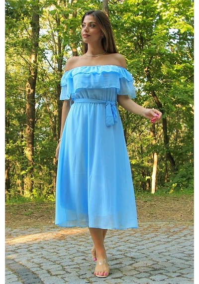 Neşeli Butik Kadın Bebe Mavisi Kuşaklı Madonna Yaka Baby Shower Elbise Nb8060 Bebe Mavisi