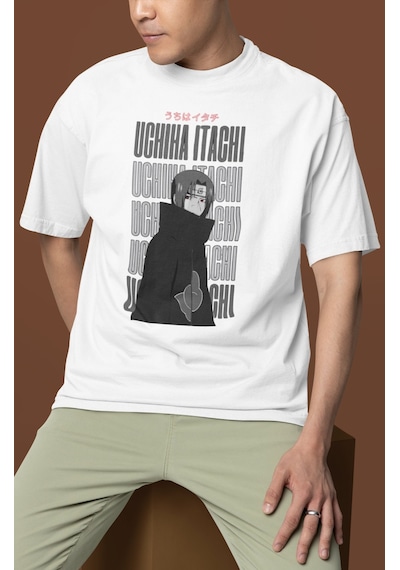Sevbano Tasarım Uchiha Itachi Baskılı Unisex Oversize Naruto Anime Dizi K Beyaz