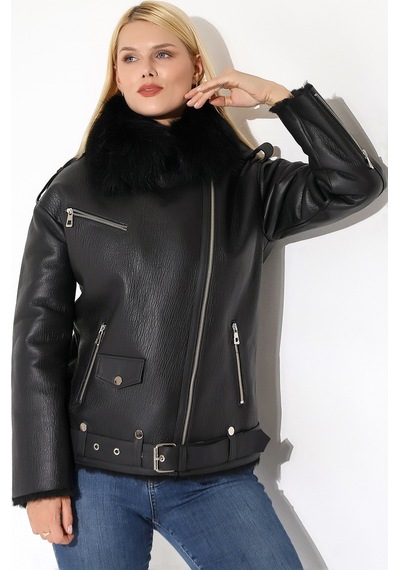 M M Marki Marki Kadın Hakiki Deri Mont, Siyah, Oversize, İçi Kürklü, 74 Cm, Kemerli