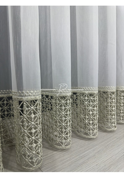 Tül Perde Etek Aplike Eritme Ruteb Desen Gold İşleme Ekru