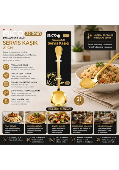 İbico İ22-443 21cm Gold Altın Metal Servis Kaşık - 12'li Paket Diğer