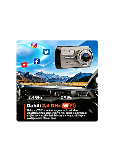 4k Ultra Hd Wifi Araç Kamerası Ön 4k Arka 1080p 7/24 Park Modu G-sensör Park Kiti Hediye