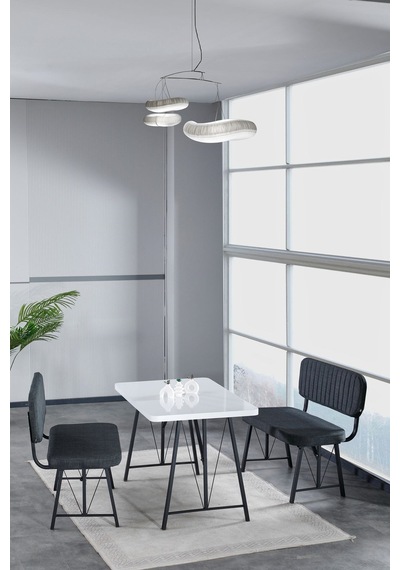 Hayat 70x110 Beyaz Mutfak Masası, Mutfak Masası Takımı, Yemek Masası, 2 Benchli - Antrasit Açık Gri