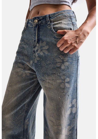 Kadın Mavi Baggy Fit T12t Özel Desenli Kumaş Parlak Taşlı Tasarım Denim Jean