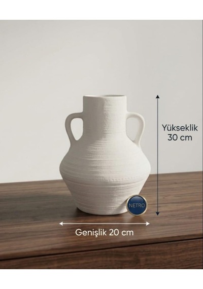 Kulplu Testi Model Büyük Dekoratif Vazo Seramik Şık Vazo El Yapımı Özel Seri 30 Cm Beyaz Renk