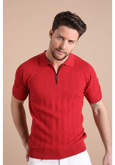 Ferraro Kırmızı Polo Yaka Fermuarlı Erkek Pamuk Triko T-Shirt-Kırmızı