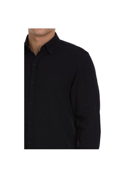 Hatemoğlu Siyah Comfort Fit Çizgili Düğmeli Yaka 100% Pamuk Uzun Kollu Casual Gömlek