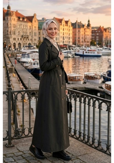 Hb Harma Time Butik Kadın Çift Düğmeli Kuşaklı Astarlı Bondit Siyah Trençkot Siyah Siyah
