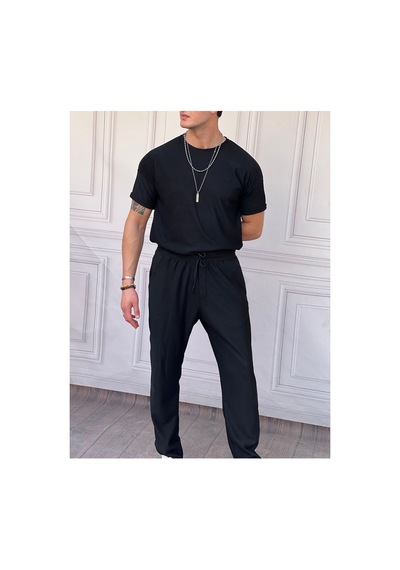 Erkek Siyah İnce Fitil Desen Alt Üst Oversize Takım