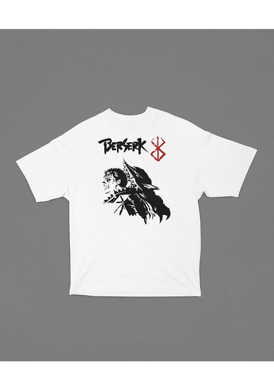 Berserk Karakter Baskılı Unisex Tişört, Oversize Anime Tişört Beyaz