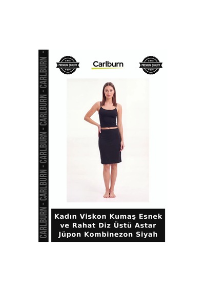 Carlburn Kadın Viskon Kumaş Esnek Ve Rahat Diz Üstü Astar Jüpon Kombinezon Siyah Tekstil Giyim Kıyafet