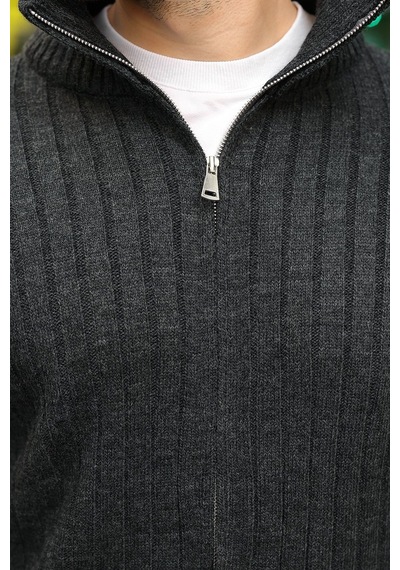 Madmext Antrasit Çift Fermuarlı Slim Fit Çizgili Erkek Triko Hırka E7522