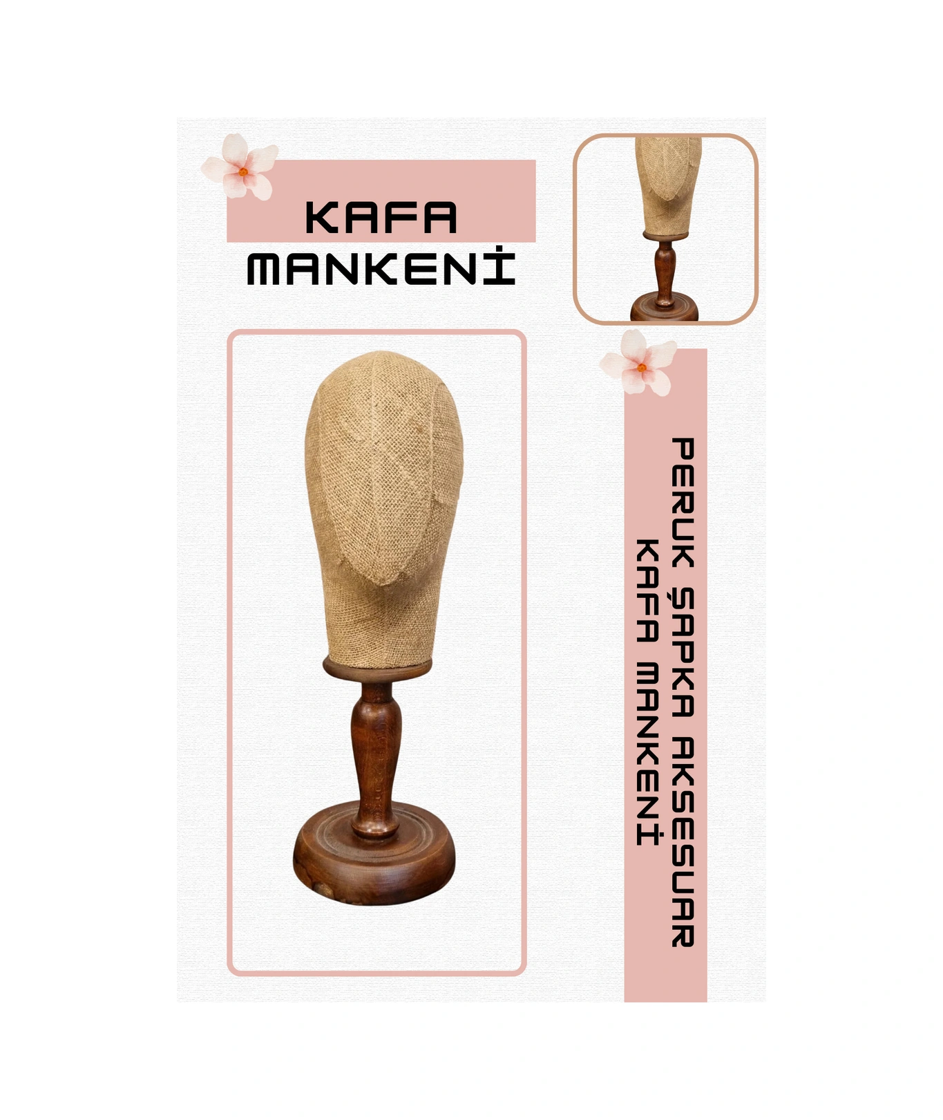 Kadın Kafa Mankeni Ahşap Standlı Kumaş Kaplı Şapka Aksesuar Sergileme  Standı