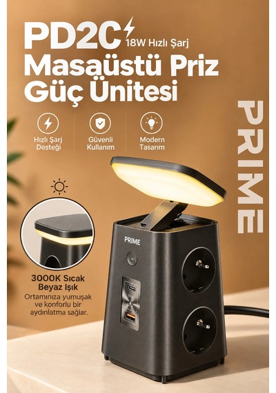 Exenar - Siyah - Akım Korumalı 4'lü Priz 20w Pd Hızlı Şarj Usb-a Ve 2x Usb-c Çıkışlı Katlanabilir Gece Lambalı Güç Ünitesi 1.9 M