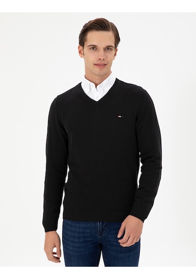 U.S. Polo Assn. Erkek Slim Fit V Yaka Siyah Basic Kazak 50298283-VR046