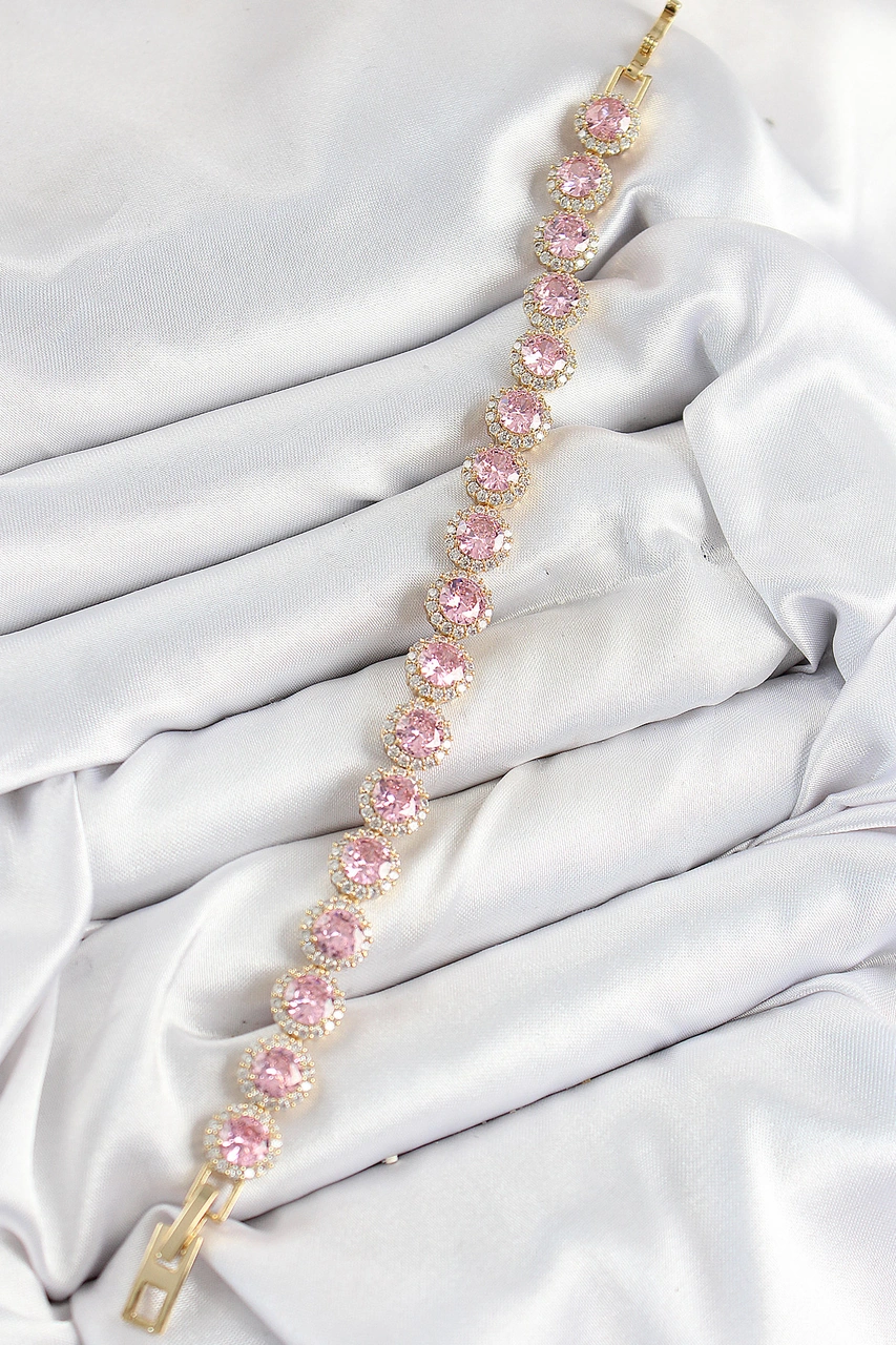 Pirinç Pembe Zirkon Taşlı Daire Baget Model Gold Renk Vıp Seri Kadın Bileklik Çelik