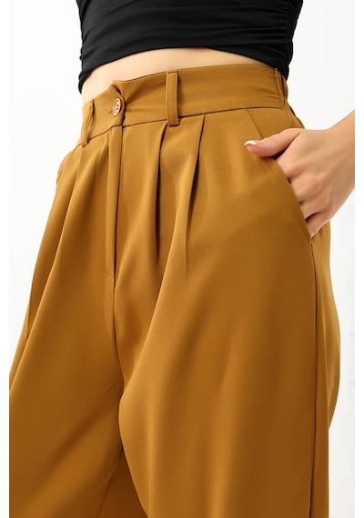 Winmoda34 Kadın Maskülen Paçası Lastikli Jogger Kumaş Pantolon Hardal