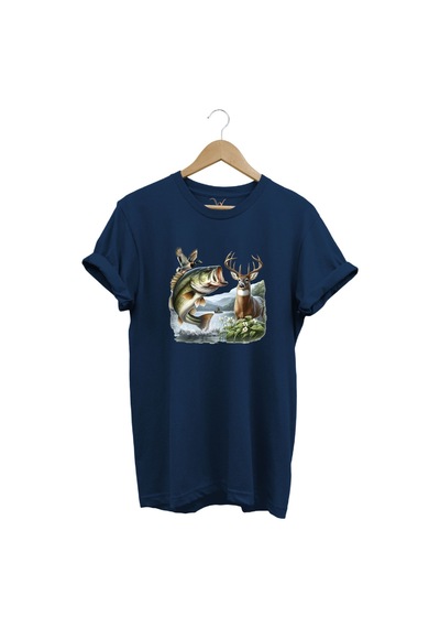 Balıkçılık Ve Avcılık Temalı Geyik, Ördek Ve Turna Balığı Baskılı %100 Pamuk Regular Fit T-shirt Lacivert