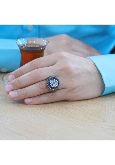 Sıkma Kehribar Üzerine "mühr-i Süleyman Ve Duası" İşlemeli 925 Ayar Gümüş Erkek Yüzük