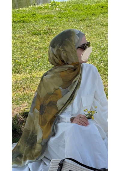 Qalortex Scarf Pamuklu Rosaly Desen Şal-yağ Yeşil Yağ Yeşili