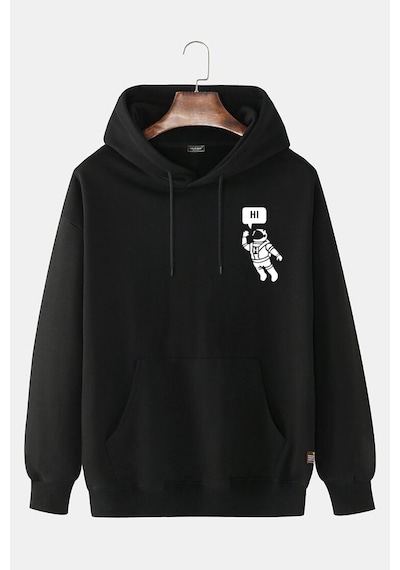 Unisex Siyah Kapüşonlu Hi Astronot Baskılı Slim Fit Kanguru Cepli Sweatshirt Siyah