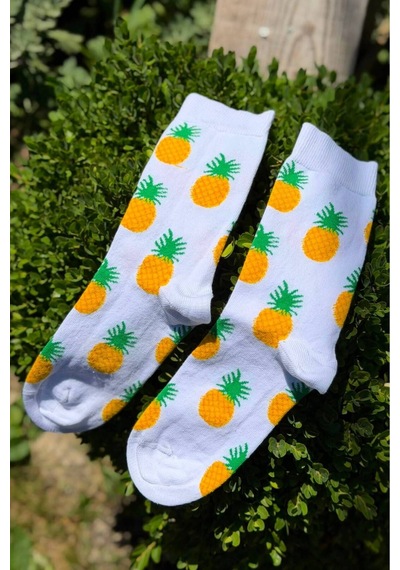 Lousocks Unisex Ananas Desenli Beyaz Soket Çorap