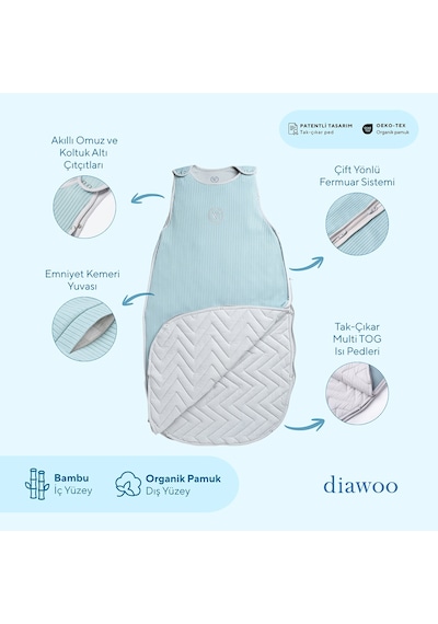 Diawoo Thermabloom 4 Mevsim Multitog Bebek Uyku Tulumu 0.5 2.5 Tog ,bambu& Organik Pamuk,2 24 Ay Ayarlanabilir Mavi Mavi 1 - 3 Yaş