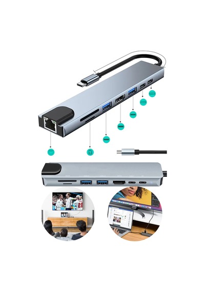 8'i 1 Arada Hub Dizüstü Bilgisayar Çok Işlevli Çoklayıcı Type C Rj-45 Usb Vb Sw-81